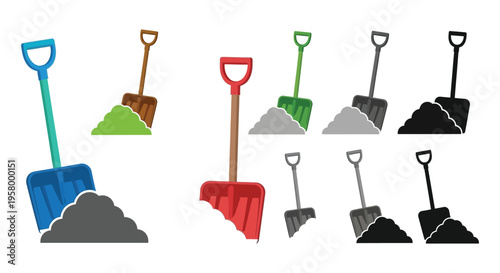 Colorful shovels and piles of dirt in various styles silhouette