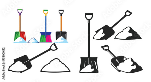 Colorful shovels and snow piles contrasted with a dark silhouette