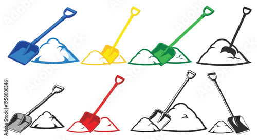 Colorful shovels and piles of dirt a stark graphic silhouette