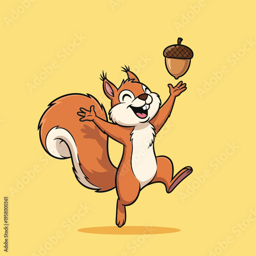 Happy cartoon squirrel playing with acorn.