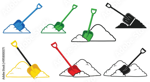 Colorful shovels digging into piles of snow a striking silhouette