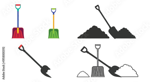 Colorful and grayscale snow shovels with snow piles a striking silhouette