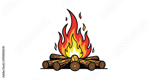 Colorful campfire illustration with vibrant flames and dark wood silhouette
