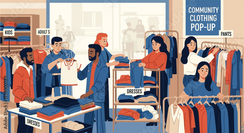 Diverse group of people shopping at a community clothing pop-up event.