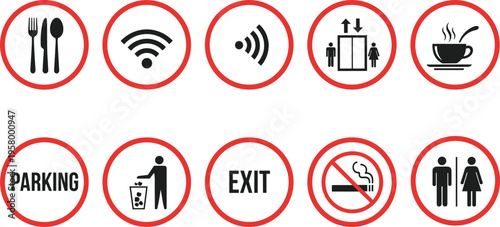 Public facility signage icons set with dining, café, Wi-Fi, elevator, parking, waste disposal, exit, restrooms, announcements, and no smoking