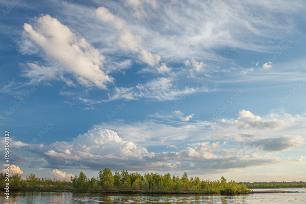 Fototapeta premium Sunny summer landscape with river and field