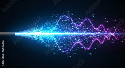 Vibrant blue and purple sound wave emanating from a sleek metal nozzle against a dark background with sparkling particles