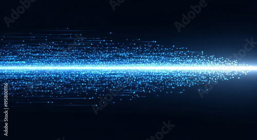 Glowing blue digital light trail with sparkling particles on dark background for technology and innovation concepts