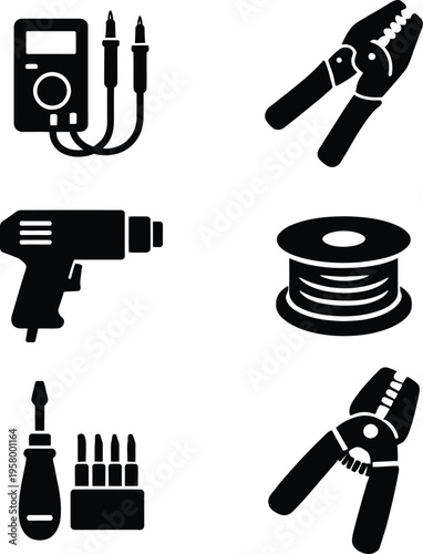 Black and white of various hand tools drill wire pliers