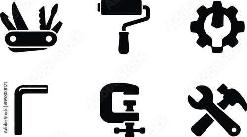 Black and white of various hand tools symbols equipment