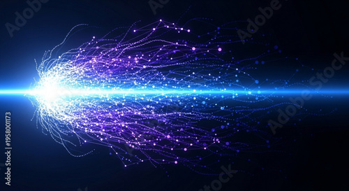 Vibrant purple and blue light beam with sparkling particles on a dark background representing energy and technology