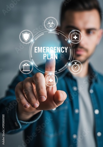 Man touches emergency plan interface finger touching