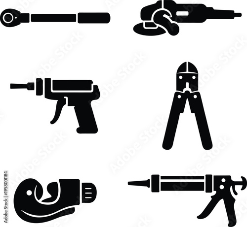 Black and white of various power tools drill sander