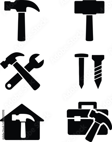 Black and white of various tools and equipment hammer wrench nails