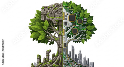 Tree with circuit board leaves and cityscape roots representing technology and nature fusion