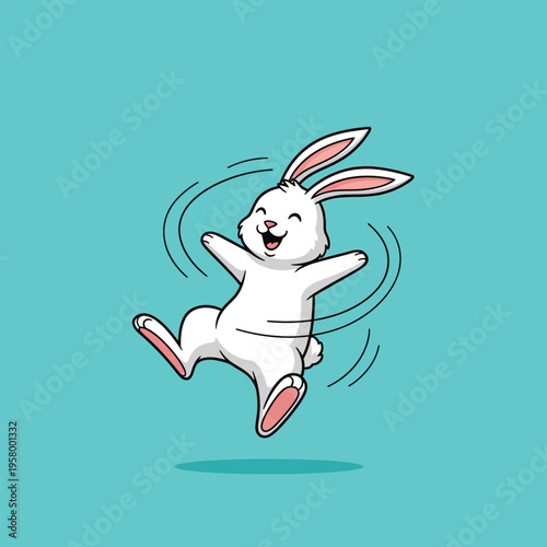 Happy cartoon white bunny rabbit jumping with joy.