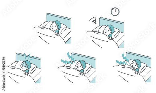 若い女性の睡眠に関するイラストセット（安眠・不眠・いびき・歯ぎしり等）