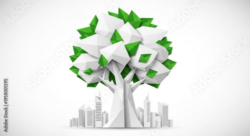 Eco friendly cityscape with green and white 3d tree symbolizing sustainable urban environment and nature conservation