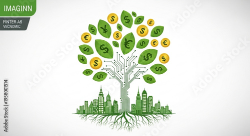 Green tree with dollar and euro symbols on leaves growing over a cityscape representing financial growth and prosperity