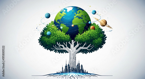 Earth globe on tree with green leaves and city roots symbolizing environmental balance and sustainability