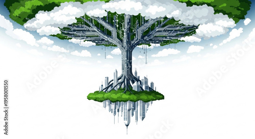 Inverted tree with cityscape roots and green foliage against cloudy sky symbolizing nature and urban life fusion