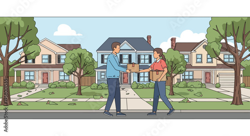 Man and woman exchanging a package delivery.