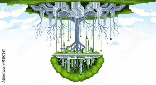 Futuristic cityscape on a tree with hanging buildings and greenery set against a cloudy sky with a surreal atmosphere and sci fi elements