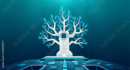Futuristic tree with glowing blue leaves on a circuit board base symbolizing technology and nature fusion