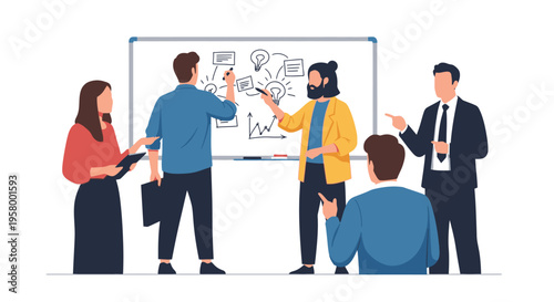 Diverse team collaborates on whiteboard strategy session.