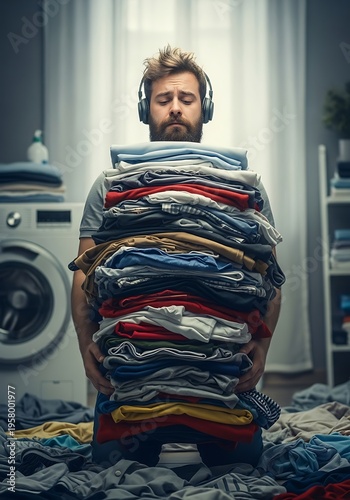 Man holding large pile of laundry headphones clothes