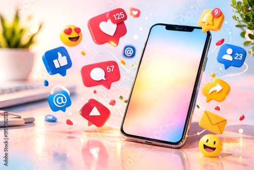 Smartphone with 3D social media icons and notifications floating around screen. Digital communication concept and networking interaction.