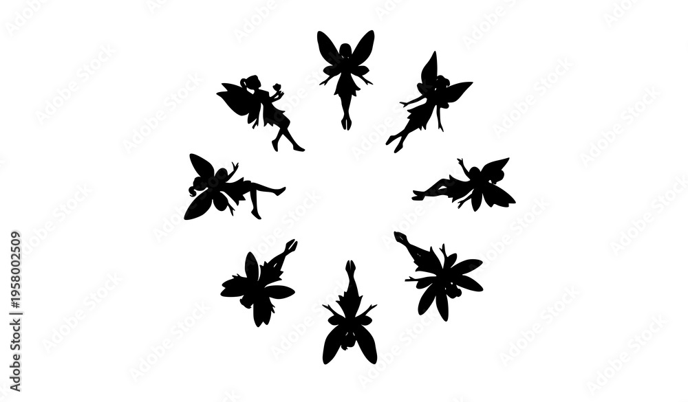 Fototapeta premium Minimal fairy silhouette circle composition magical wings characters vector design set