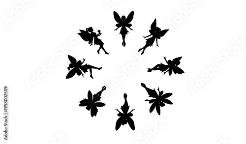 Minimal fairy silhouette circle composition magical wings characters vector design set