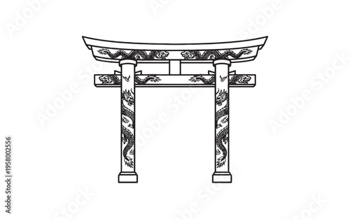 Traditional Chinese Paifang dragon archway gate architectural illustration