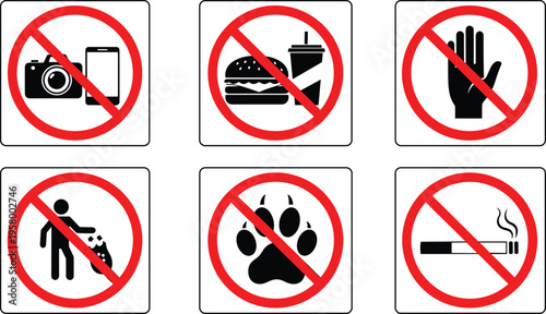 Set of prohibition signs including no photography, no food or drink, no touching, no littering, no animals, and no smoking