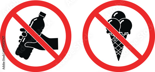 Set of prohibition signs showing no bottled drinks and no ice cream cone with red circle and diagonal slash vector design