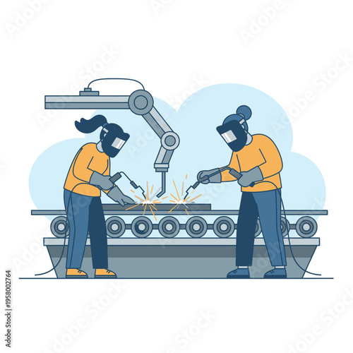 Industrial Welding Process with Robotic Arm and Workers.