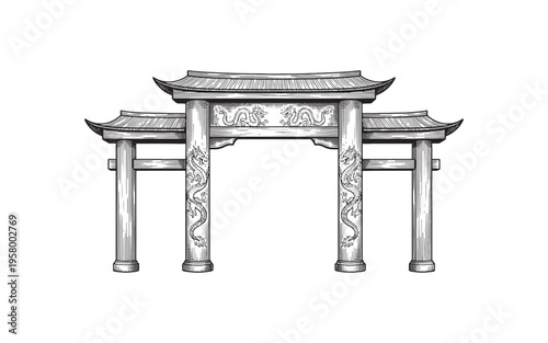 Traditional Chinese Paifang dragon archway gate architectural illustration