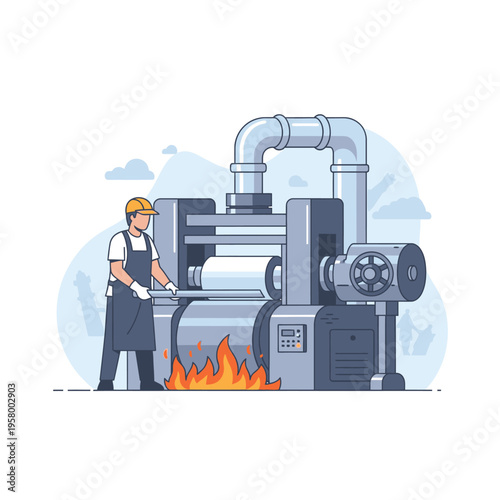 Industrial worker operating heavy machinery in a factory setting.