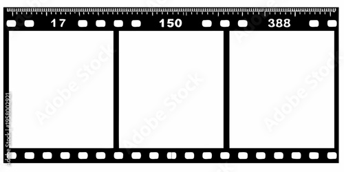Black film strip with three empty frames and numerical markings