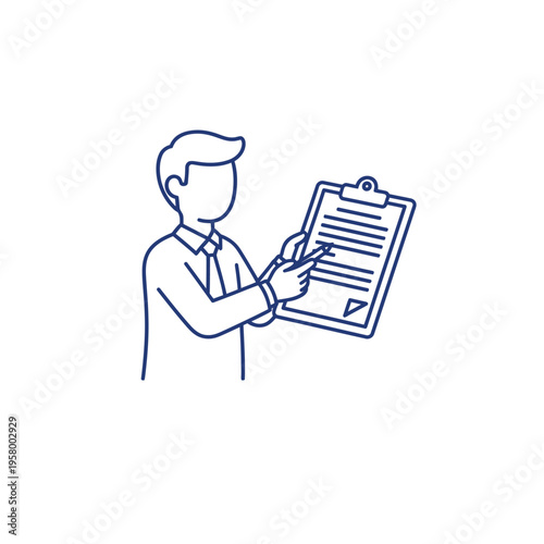 Man in shirt and tie pointing at a document on a clipboard.