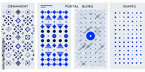 Four vertically arranged panels displaying diverse geometric patterns in blue tones