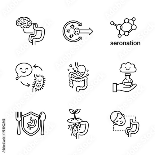 Gut Health and Brain Connection Icons Set.