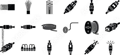 Set of electrical cables connectors spark plugs and wiring icons for automotive and electronics industry isolated vector silhouette collection