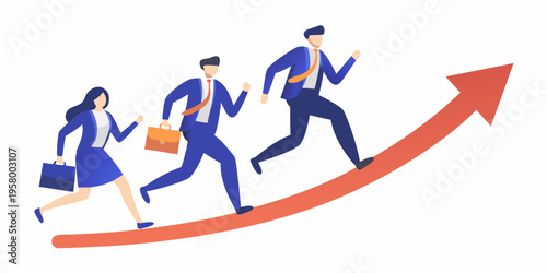 Business professionals running up a red arrow representing growth and success
