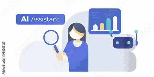 Ai assistant analyzing data with a magnifying glass and robot companion