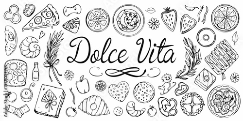 A black and white sketch of various desserts and food items