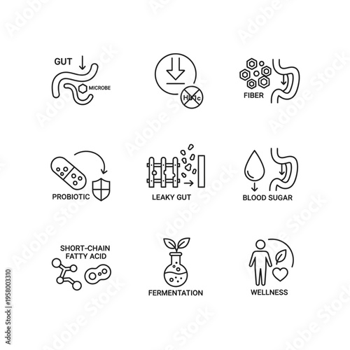Gut Health and Wellness Icons Set.