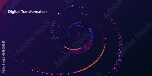 Abstract digital transformation spiral with vibrant colorful particle trails