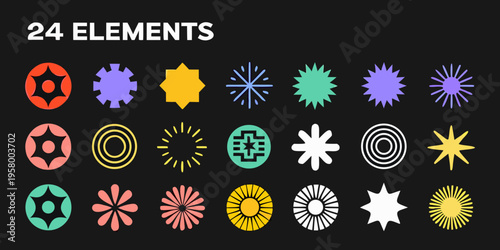 A collection of twenty four colorful abstract geometric design elements